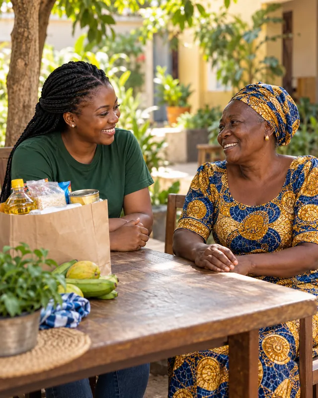 Illustrative scene of a Ghanaian volunteer and an older woman sharing a warm conversation beside donated supplies